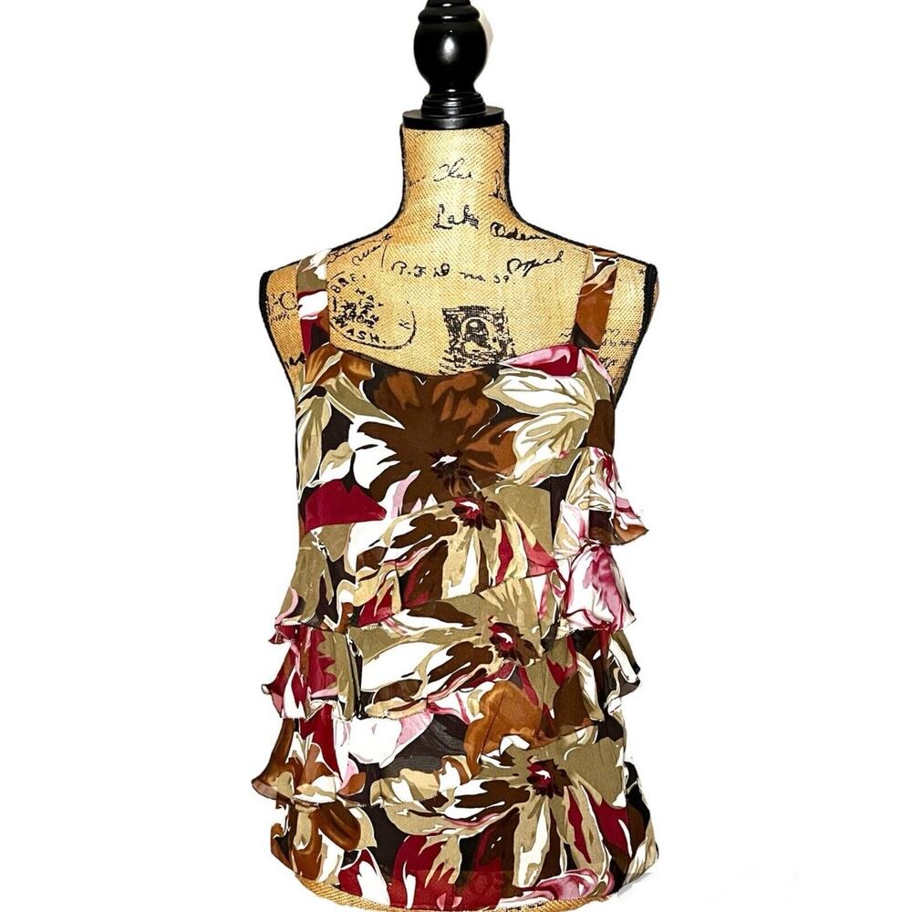 EXPRESS DESIGN STUDIO BROWN PINK RED FLORAL SILK RUFFLED TOP BLOUSE S / SMALL